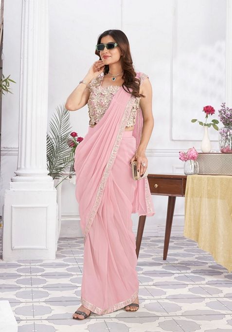 Pink Sequin Embroidered Shimmer Georgette Saree Set