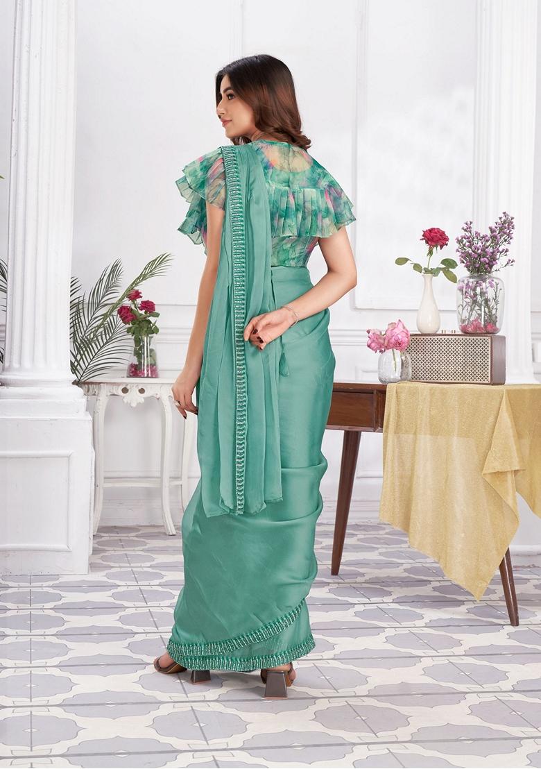 Aqua Green Sequin Embroidered Shimmer Georgette Saree Set