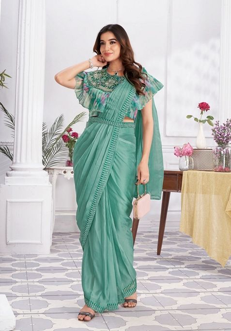 Aqua Green Sequin Embroidered Shimmer Georgette Saree Set