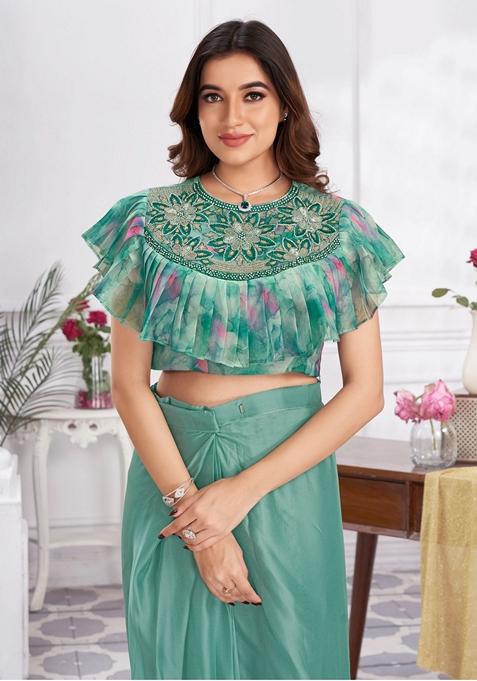 Aqua Green Sequin Embroidered Shimmer Georgette Saree Set