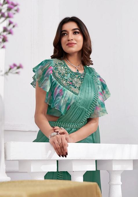 Aqua Green Sequin Embroidered Shimmer Georgette Saree Set