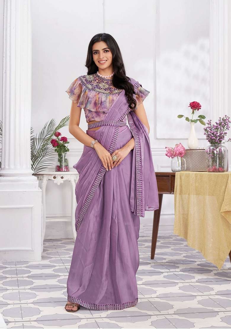 Pink Sequin Embroidered Shimmer Georgette Saree Set - Indya