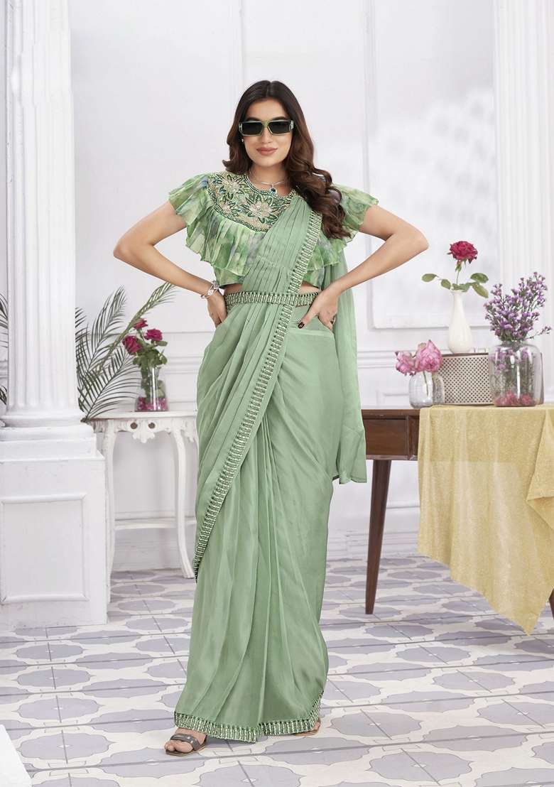 Pista Green Sequin Embroidered Shimmer Georgette Saree Set - Indya