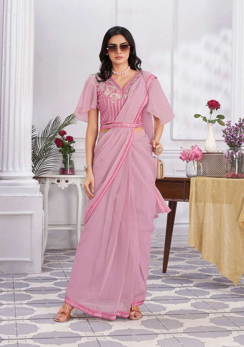 Pink Sequin Embroidered Shimmer Georgette Saree Set for Diwali and Festive Wear - Indya