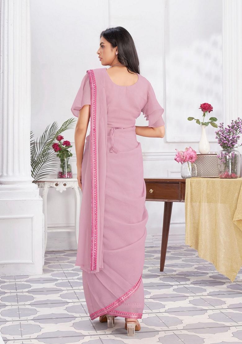 Pink Sequin Embroidered Shimmer Georgette Saree Set