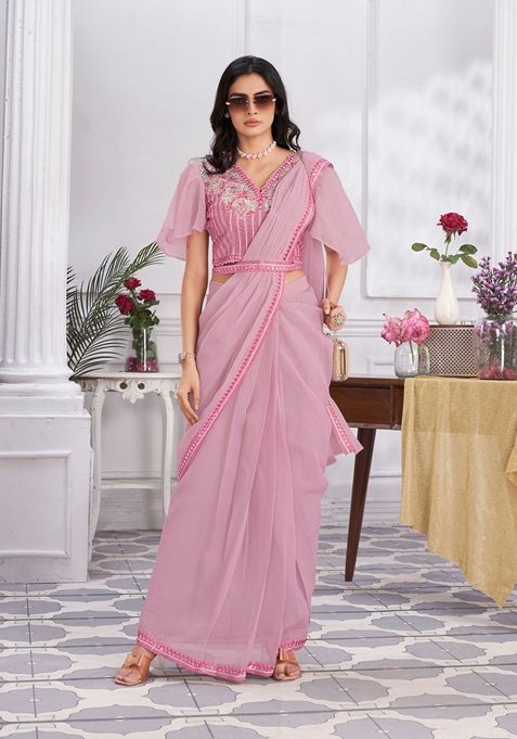 Pink Sequin Embroidered Shimmer Georgette Saree Set