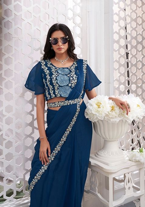 Blue Sequin Embroidered Shimmer Georgette Saree Set