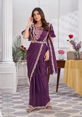 Purple Sequin Embroidered Shimmer Georgette Saree Set