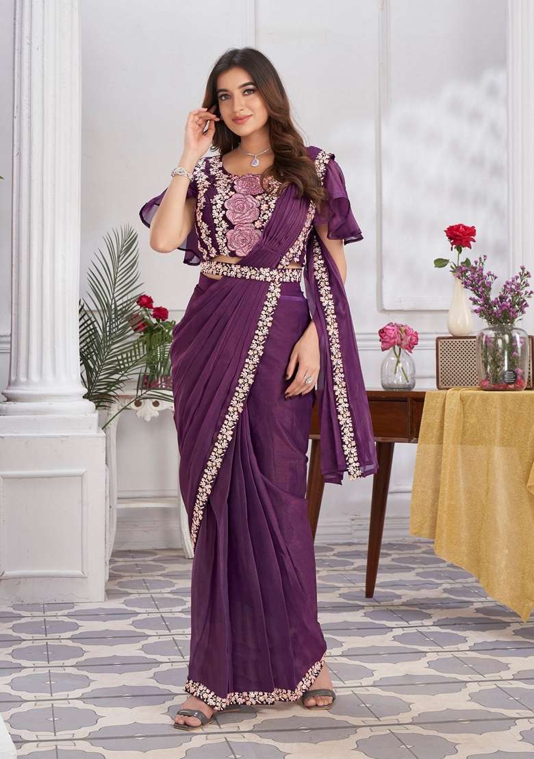 Purple Shimmer Georgette Saree Set with Embroidered & Sequin for Diwali | Wedding & Festive Wear - Indya