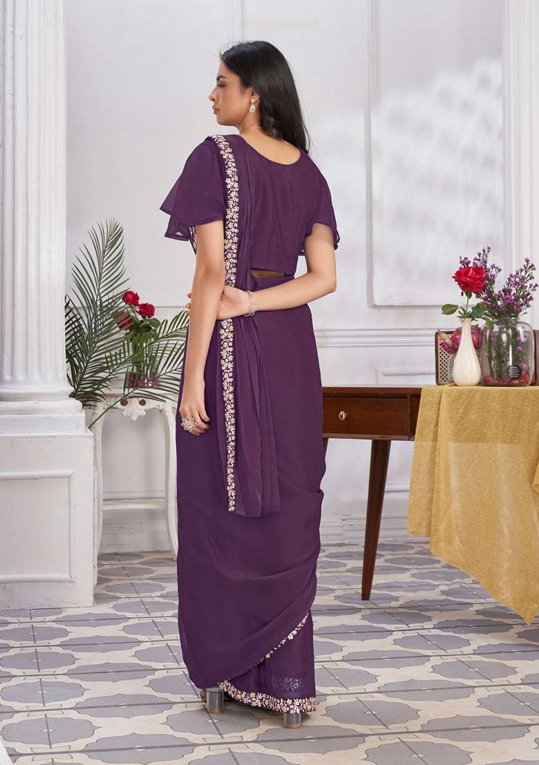 Purple Shimmer Georgette Saree Set with Embroidered & Sequin for Diwali | Wedding & Festive Wear - Indya