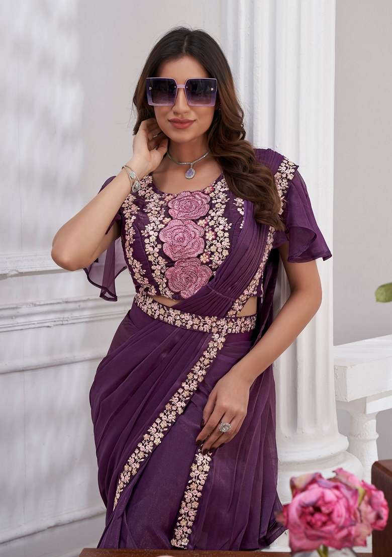 Purple Shimmer Georgette Saree Set with Embroidered & Sequin for Diwali | Wedding & Festive Wear - Indya