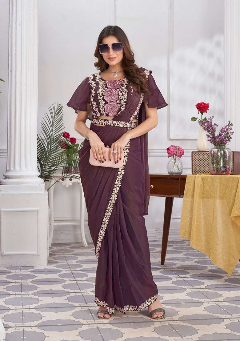Wine Sequin Embroidered Shimmer Georgette Saree Set for Diwali and Festive Wear - Indya