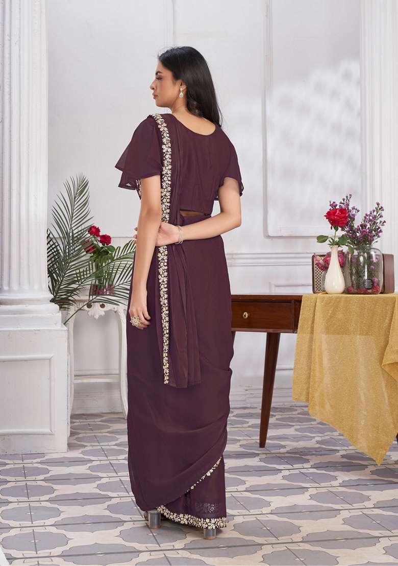 Wine Sequin Embroidered Shimmer Georgette Saree Set for Diwali and Festive Wear - Indya