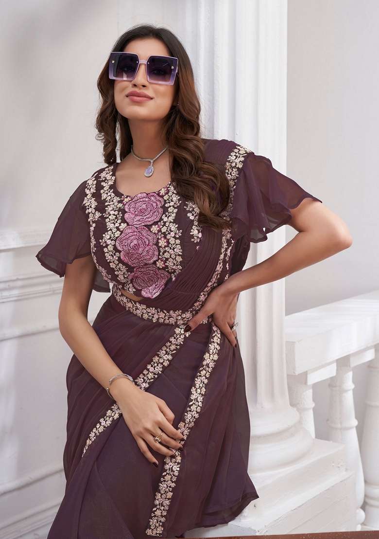 Wine Sequin Embroidered Shimmer Georgette Saree Set for Diwali and Festive Wear - Indya