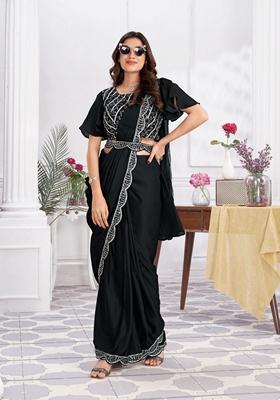 Black Sequin Embroidered Satin Silk Saree Set