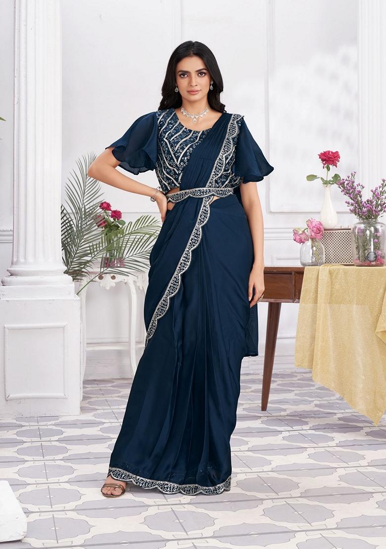 Blue Sequin Embroidered Satin Silk Saree Set