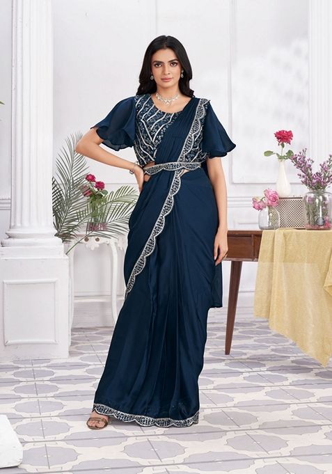 Blue Sequin Embroidered Satin Silk Saree Set