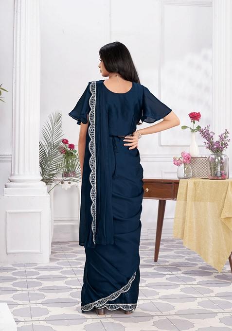 Blue Sequin Embroidered Satin Silk Saree Set