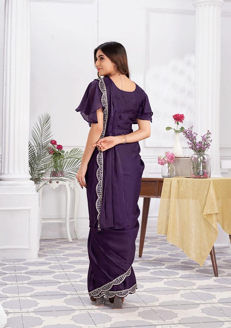 Purple Sequin Embroidered Satin Silk Saree Set