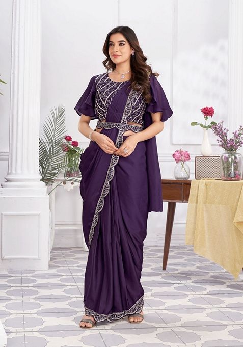 Purple Sequin Embroidered Satin Silk Saree Set