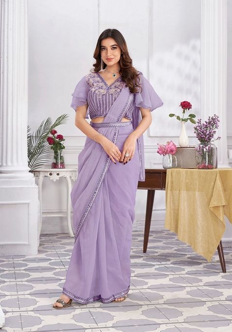 Mauve Sequin Embroidered Shimmer Georgette Saree Set