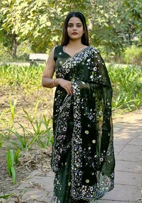 Green Solid Burberry Silk Saree Set