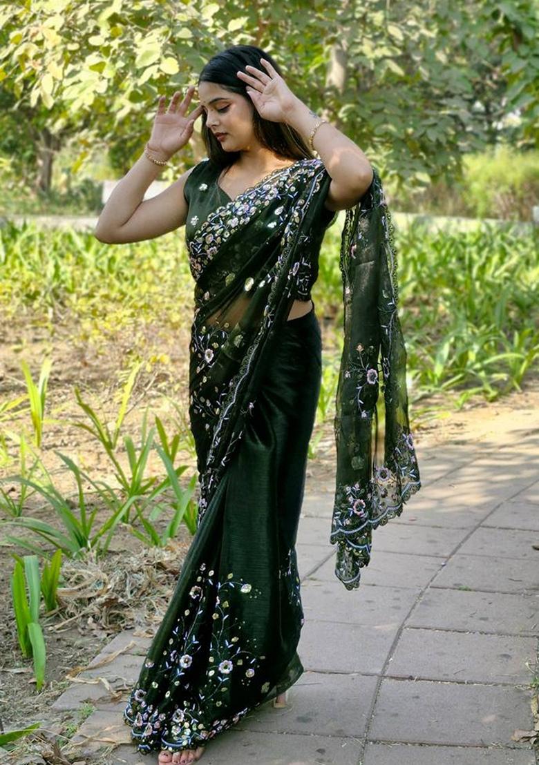 Green Solid Burberry Silk Saree Set