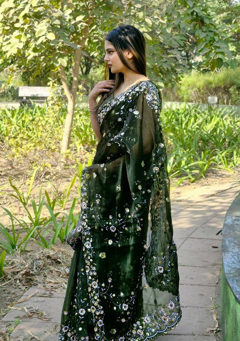 Green Solid Burberry Silk Saree Set