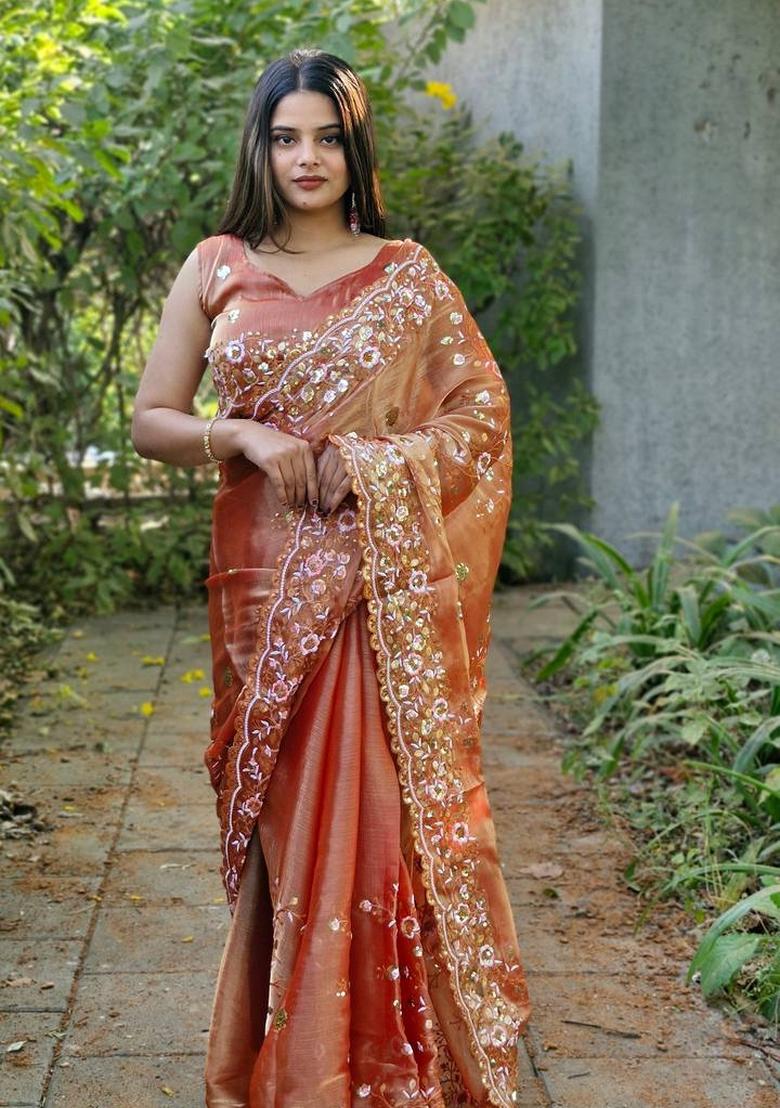 Peach Solid Burberry Silk Saree Set