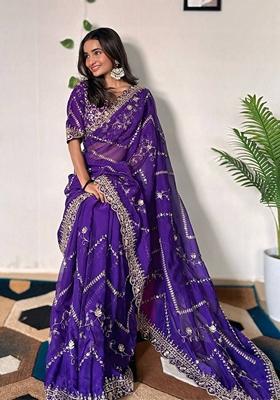 Purple Solid Tabby Silk Saree Set