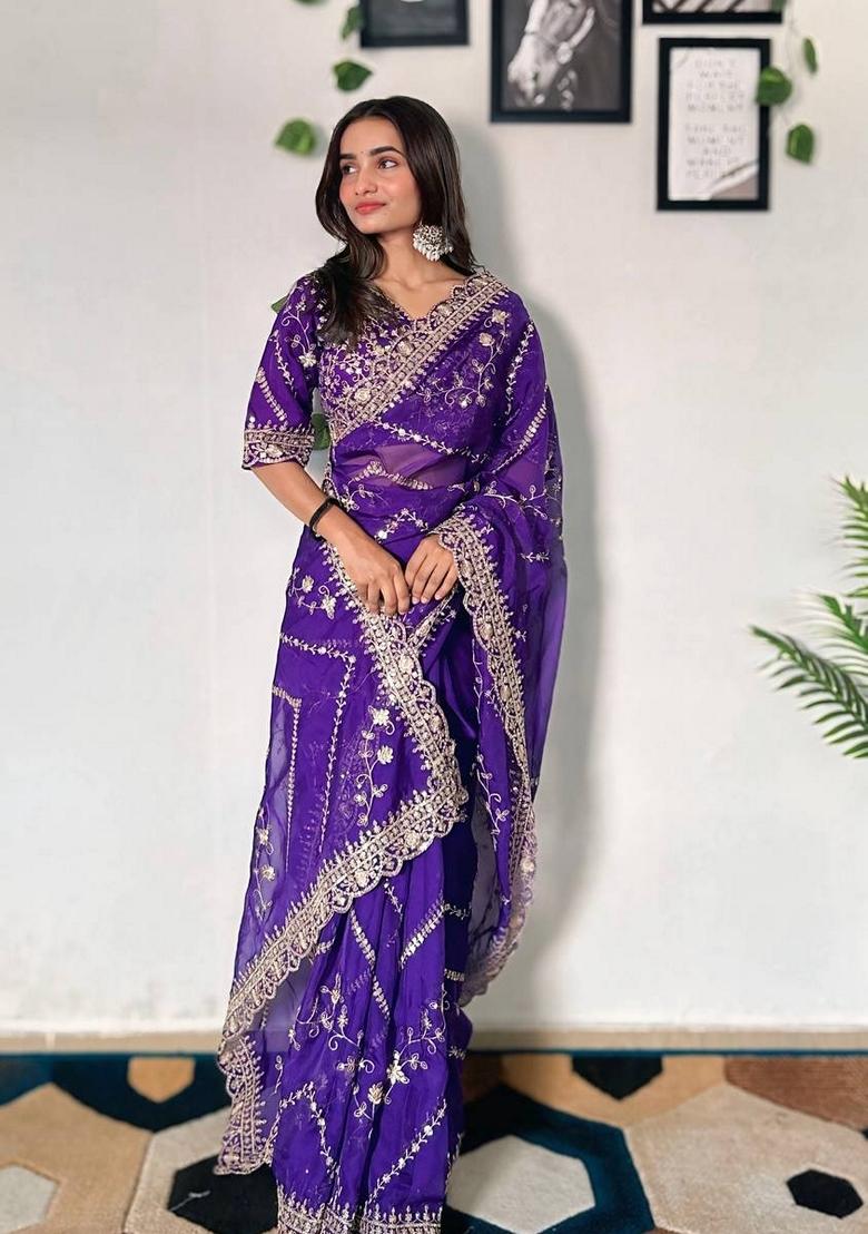 Purple Solid Tabby Silk Saree Set