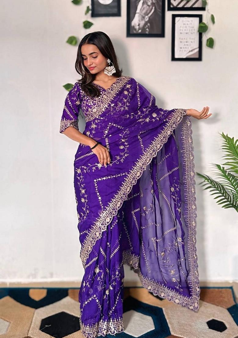 Purple Solid Tabby Silk Saree Set