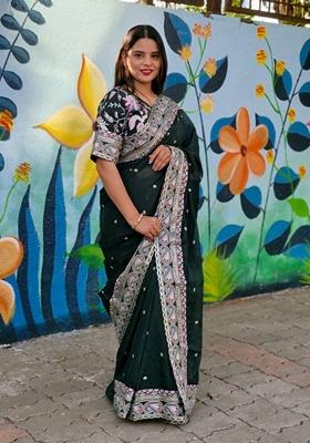 Green Solid Tabby Silk Saree Set