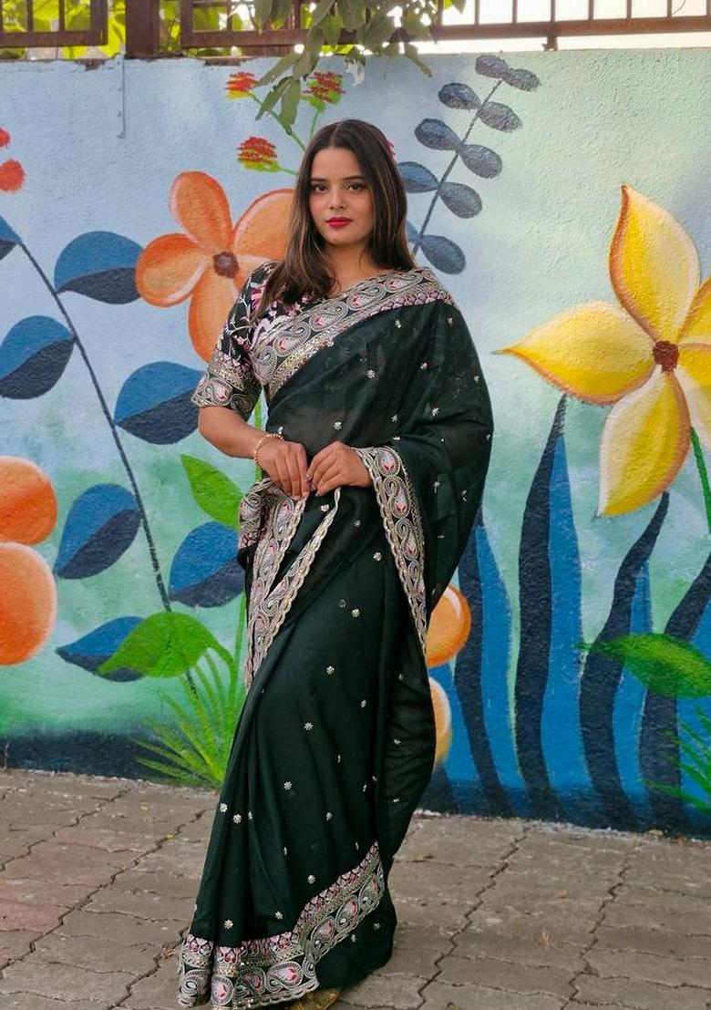 Green Solid Tabby Silk Saree Set