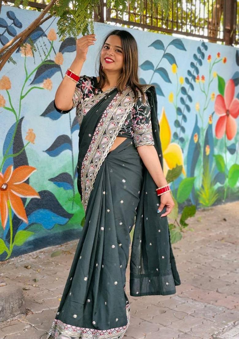 Green Solid Tabby Silk Saree Set