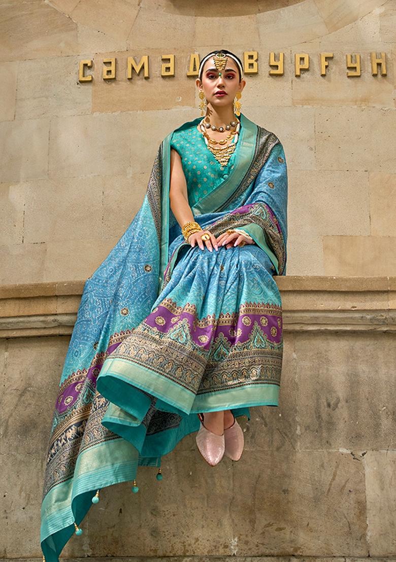 Light Blue Printed Woven Viscose Saree Set