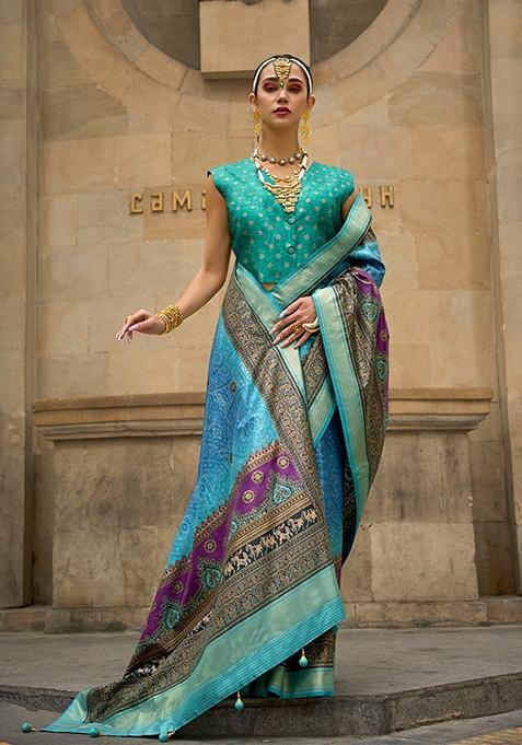 Light Blue Printed Woven Viscose Saree Set