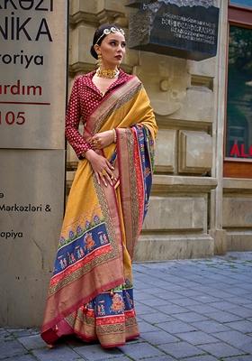 Yellow Printed Woven Viscose Saree Set