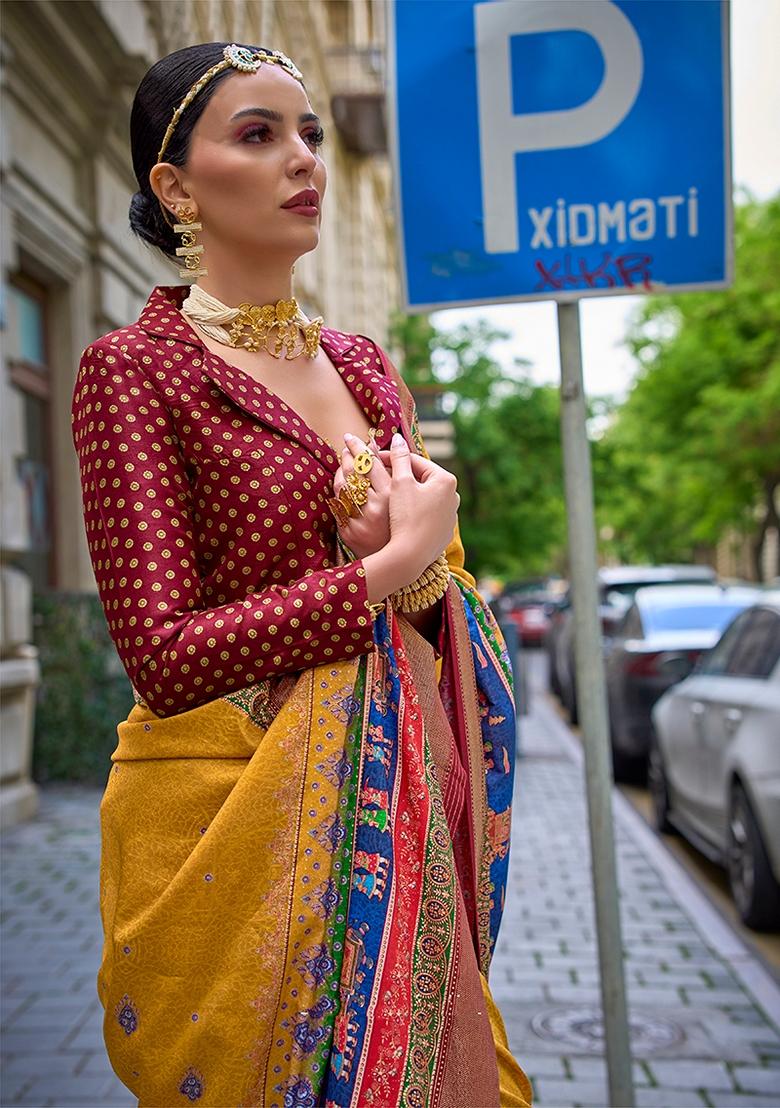 Yellow Printed Woven Viscose Saree Set