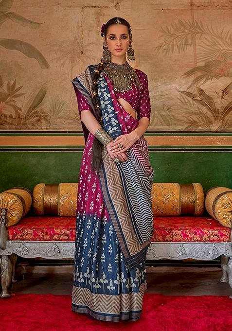 Magenta Printed Silk Saree Set