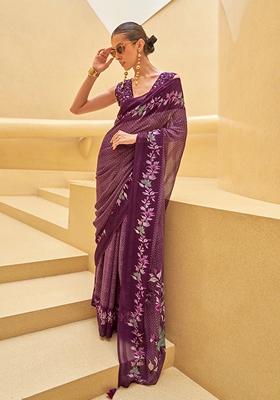 Dark Purple Floral Print Silk Saree Set