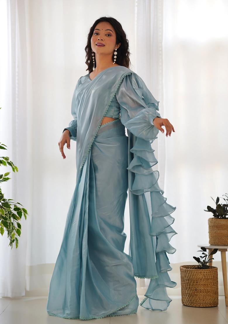 Sky Blue Solid Jimmy Choo Saree Set
