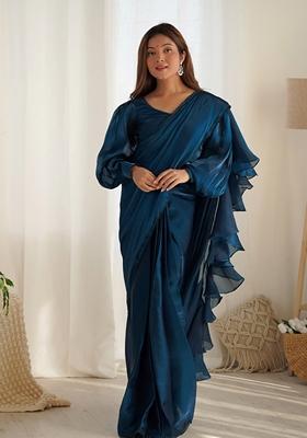 Teal Solid Jimmy Choo Saree Set