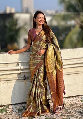 Brown Zari Woven Silk Saree Set