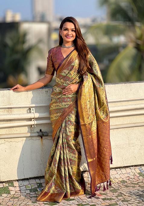 Brown Zari Woven Silk Saree Set