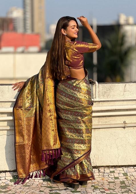 Brown Zari Woven Silk Saree Set