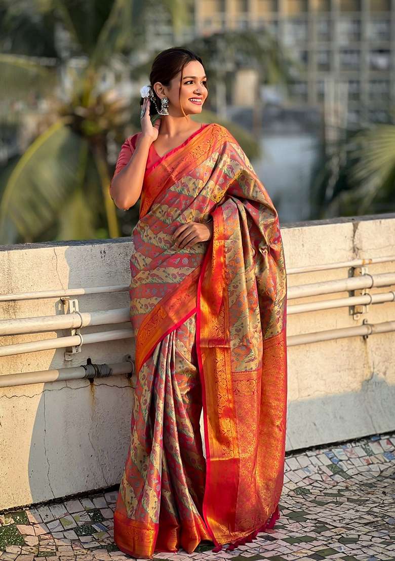 Pink Zari Woven Silk Saree Set - Indya