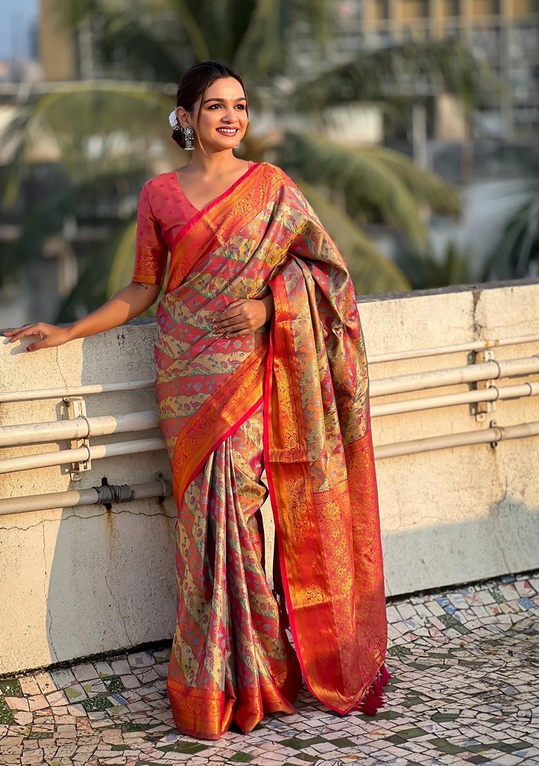 Pink Zari Woven Silk Saree Set