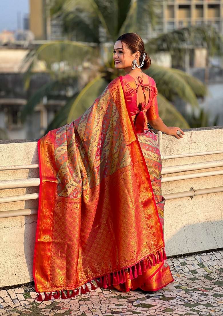 Pink Zari Woven Silk Saree Set - Indya