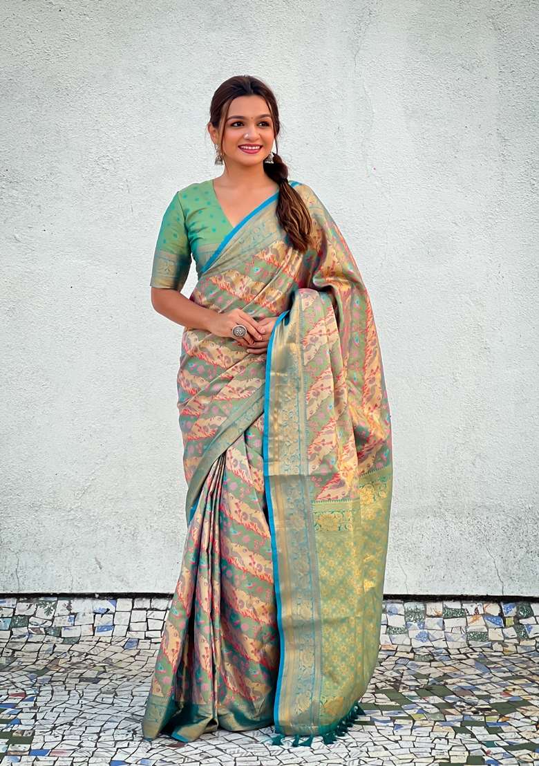 Blue Zari Woven Silk Saree Set - Indya